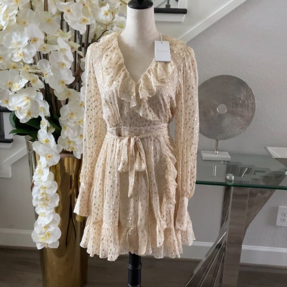 Zimmermann Ruffled Metallic Silk Wrap Minidress